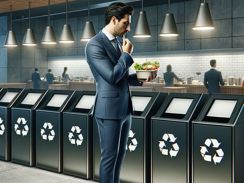 A Suited Man Stands in Front of a Trash can Promoting Sustainable Waste Management in Franklin, TN