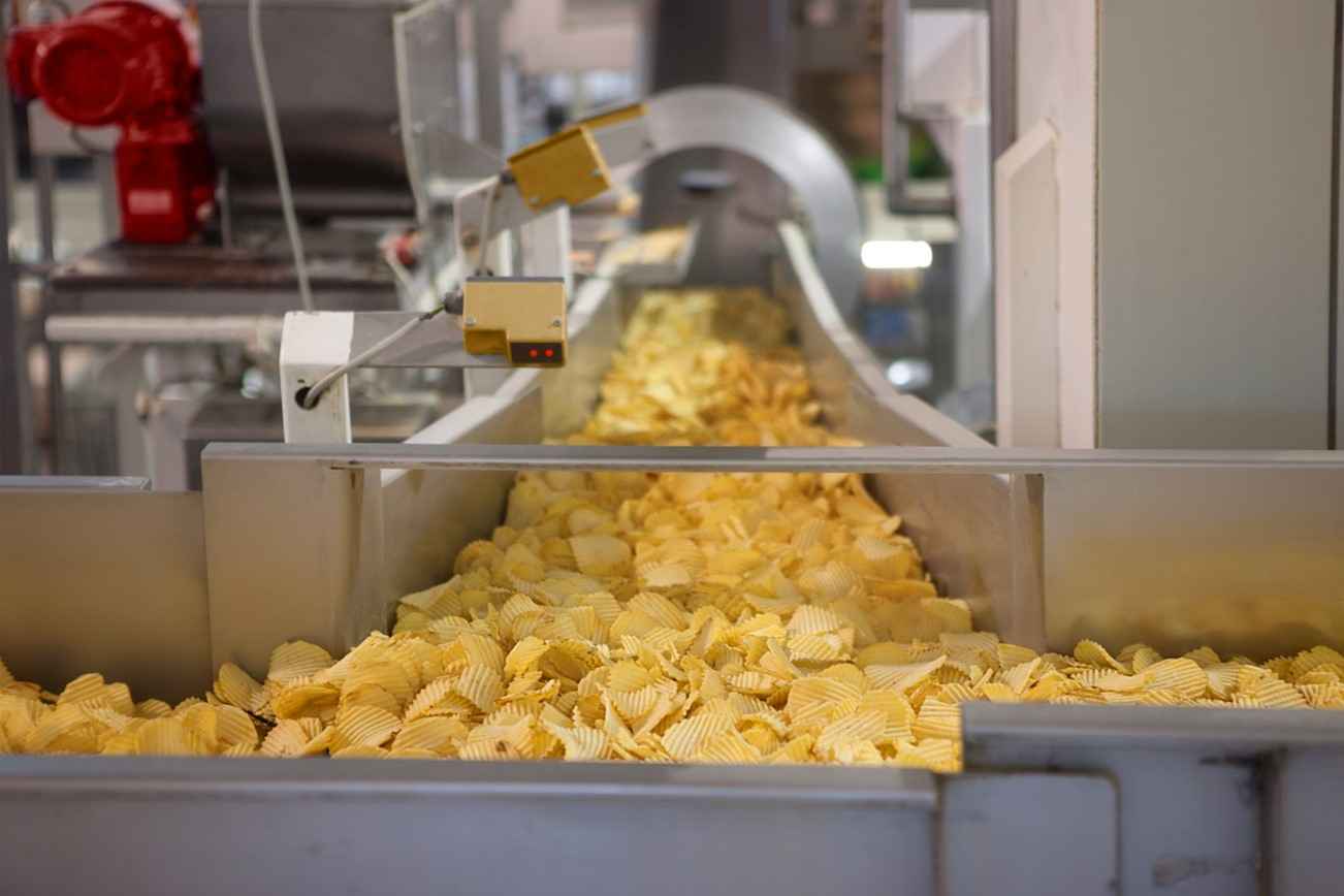 Food production line with potato chips, highlighting food waste challenges in Franklin, TN