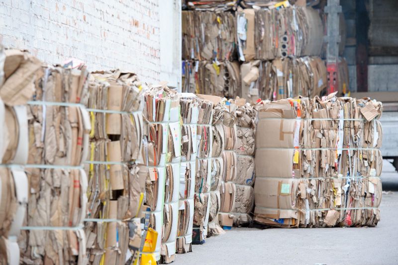 Stacks of compressed cardboard bales line the wall of an industrial warehouse.
